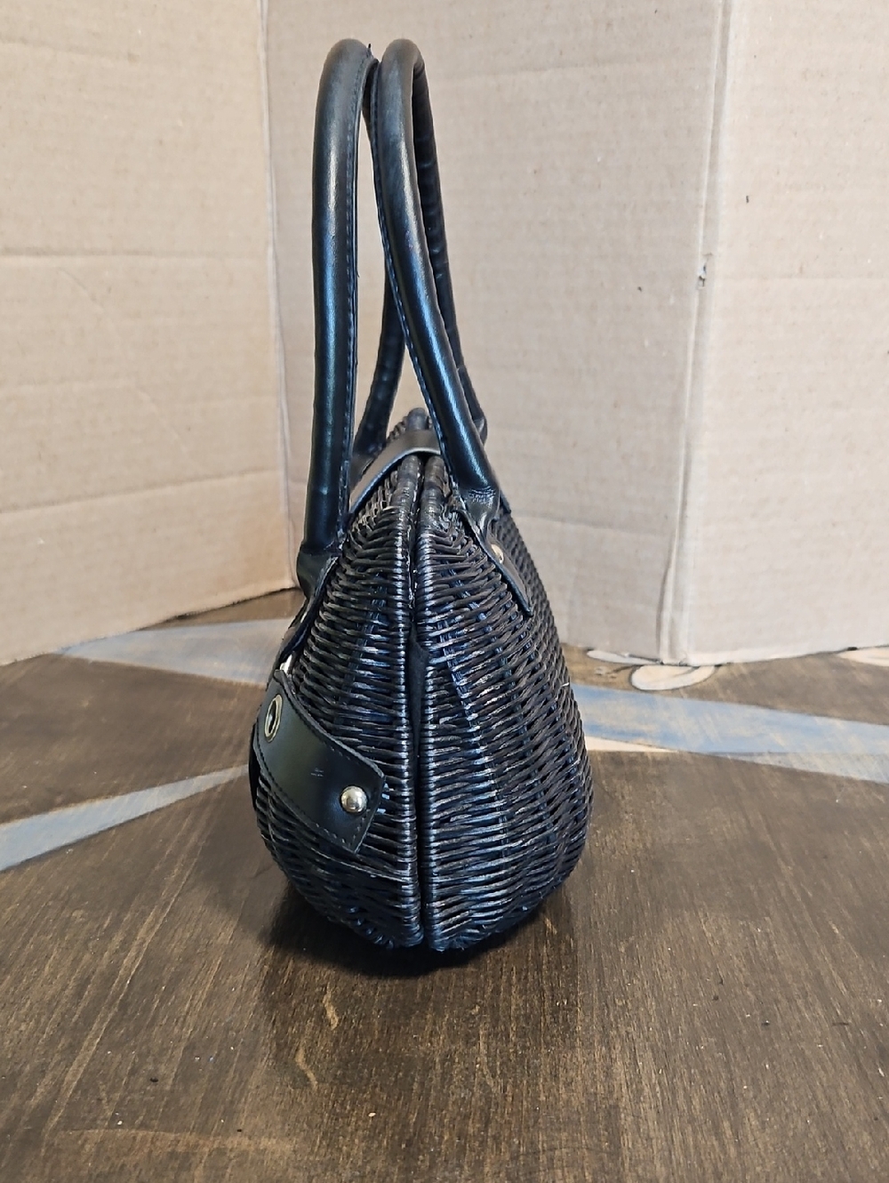 Vtg. Bulaggi Black Wicker Baguette Handbag Satchel Y2K Grommet Hardwear - Picture 6 of 8